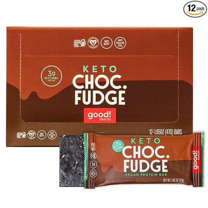 good! Snacks Keto Vegan Protein Bars, Chocolate Fudge, Gluten Free Keto Snack Bar, Low Carb, Low Sugar Meal Replacement, High Protein Healthy Snacks, 11g Protein, 3g Net Carbs, 12 Bars