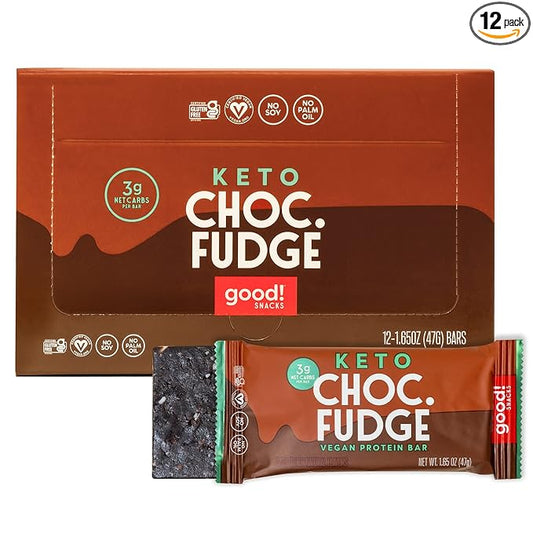 good! Snacks Keto Vegan Protein Bars, Chocolate Fudge, Gluten Free Keto Snack Bar, Low Carb, Low Sugar Meal Replacement, High Protein Healthy Snacks, 11g Protein, 3g Net Carbs, 12 Bars