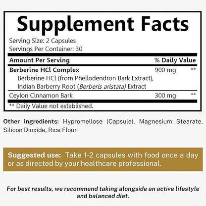 Berberine 1200mg HCL Plus Ceylon Cinnamon Capsules - Metabolic & Immune Support Berberine Supplement, AMPK Metabolic Activator Complex, Cardiovascular Support - Berberine HCL 1200 mg Capsules