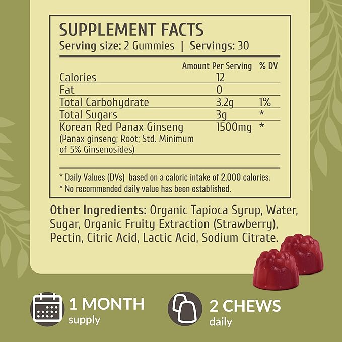 HERBAMAMA Korean Red Ginseng Gummies 1500 mg 60 Strawberry-Flavored