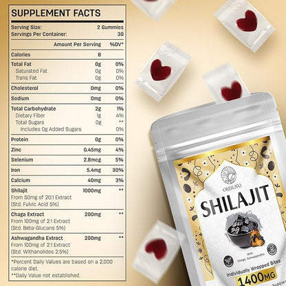 1400 MG Shilajit Gummies, Shilajit Pure Himalayan Organic Gummies with Ashwagandha, Himalayan shilajit for Men, 85+ Trace Minerals & Fulvic Acid, Individually Wrapped, Sugar-Free, 60 Gummies