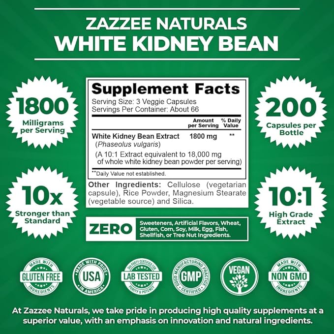 Zazzee White Kidney Bean 10:1 Extract, 18,000 mg 200 Vegan 2 Month 10X Extract, 100% Vegetarian,