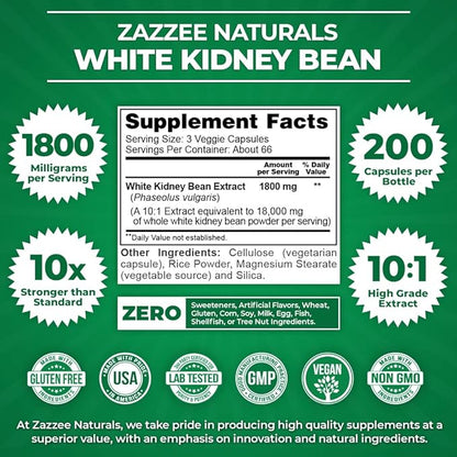 Zazzee White Kidney Bean 10:1 Extract, 18,000 mg 200 Vegan 2 Month 10X Extract, 100% Vegetarian,