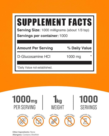 BulkSupplements.com Glucosamine HCl Powder 1000mg, Glucosamine 1000mg per 1kg (2.2 (2.2 lbs) 1)