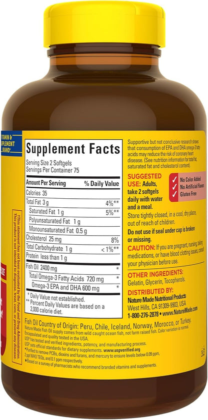 Nature Made Fish Oil 1200 mg 3 Fish 3 Supplement 150 Softgels, 75 Day