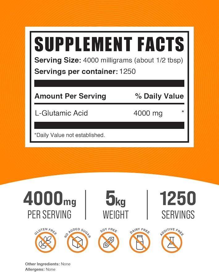 BulkSupplements.com L-Glutamic Acid Powder - Glutamate Supplement, Amino Acid Supplement - for Gut Health, Gluten Free, 4000mg per Serving, 5kg (11 lbs) (Pack of 5)