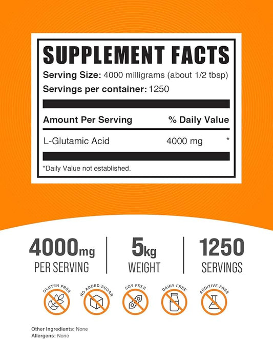BulkSupplements.com L-Glutamic Acid Powder - Glutamate Supplement, Amino Acid Supplement - for Gut Health, Gluten Free, 4000mg per Serving, 5kg (11 lbs) (Pack of 5)