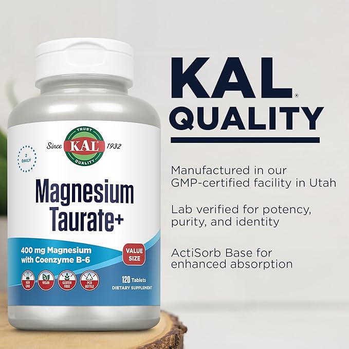 KAL Magnesium Taurate 400mg Plus Vitamin B6, Chelated 60-Day Guarantee, 60 Serv, 120 Tabs