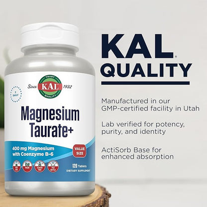 KAL Magnesium Taurate 400mg Plus Vitamin B6, Chelated 60-Day Guarantee, 60 Serv, 120 Tabs