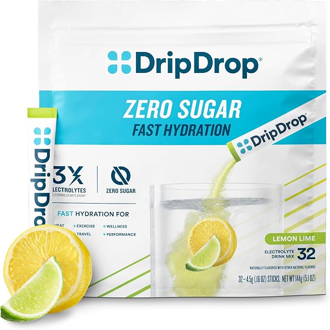 DripDrop Hydration - Zero Sugar Lemon Lime - Electrolyte Drink Mix Single Serve Powder Packets | Non-GMO, Gluten Free, Vegan | 32 Sticks
