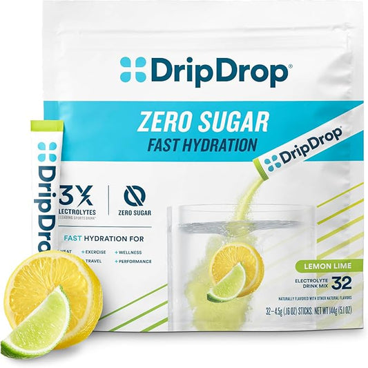 DripDrop Hydration - Zero Sugar Lemon Lime - Electrolyte Drink Mix Single Serve Powder Packets | Non-GMO, Gluten Free, Vegan | 32 Sticks