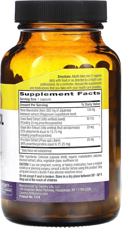 Country Life Resveratrol Plus 1000mg - Organic Antioxidant Supplement with Pine Bark & Grape Seed Extracts - Vegan, Gluten-Free, Non-GMO