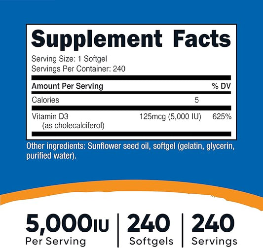 Nutricost Vitamin D3 5,000 IU, 240 Softgels (3 Bottles)