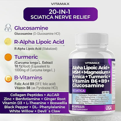 Sciatic Nerve Health Support - Sciatic Nerve Supplement Capsules with Folic Acid, Pea, Glucosamine, MSM, Vitamin B Complex, Alpha Lipoic Acid 300mg – 60ct – Made in USA