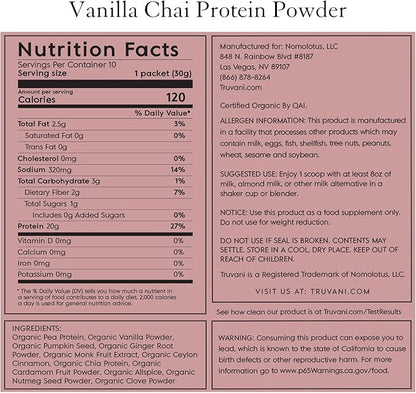 Truvani Vegan Pea Protein Powder 20g Organic 10 Servings