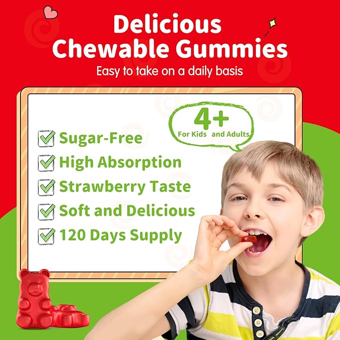 Magnesium Gummies for Kids - Magnesium Glycinate, L-Threonate Supplement with L-Theanine, Vitamin B6, D3 for Adults & Kids, Calm Magnesium for Sleep, Relaxation,Brain,Bones,Sugar Free Strawberry 120ct