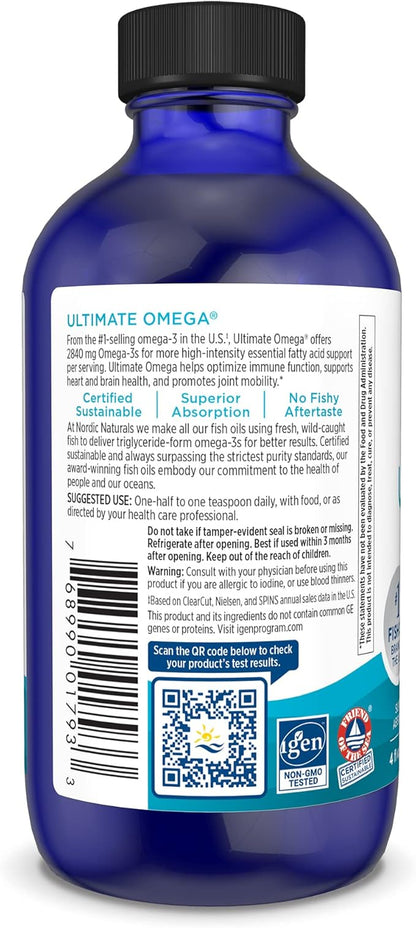 Nordic Naturals Ultimate Omega Liquid, Lemon Flavor 4 oz 2840 mg Omega-3 - Omega-3 Fish 24 Servings