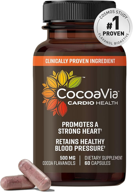 CocoaVia Cardio Health Supplement, 30 Day, 500mg Cocoa Flavanols, Support Heart Health, Boost Nitric Oxide, Blood Circulation, Energy, Vegan, Dark Chocolate, 60 Capsules