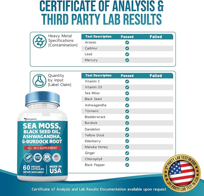 Sea Moss 3000mg Ashwagandha 1000mg Black 2000mg Turmeric 1000mg Burdock 1000mg Bladderwrack 1000mg & D3 Elderberry 60 Capsules