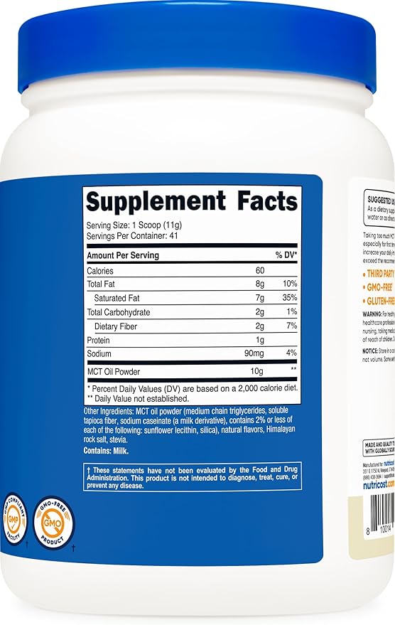 Nutricost Premium MCT Oil Powder (1 LB, Vanilla) - Best for Keto, Ketosis, and Ketogenic Diets - Zero Net Carbs, Non-GMO and Gluten Free, Medium Chain Triglyceride