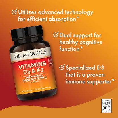Dr. Mercola Vitamins D3 & K2, 30 Servings (30 Capsules),
