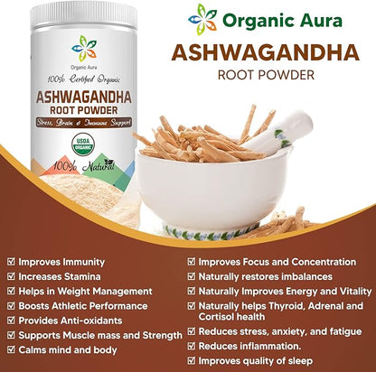 Certified Organic Ashwagandha Root Powder 8Oz -1/2Lb. Enhances 100% Pure