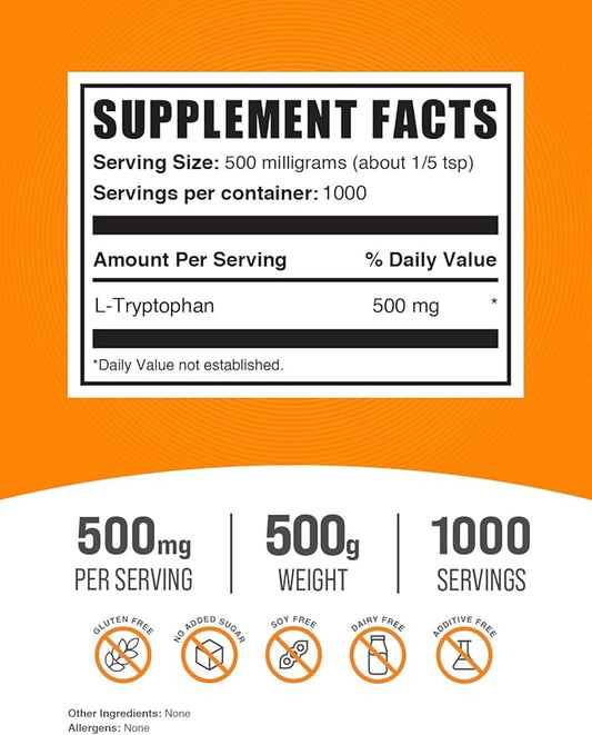 BulkSupplements.com L-Tryptophan Powder 500mg, Tryptophan 500mg per 500g (1.1 (1.1 lbs) 1)