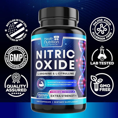 Extra Strength Nitric Oxide Supplement L Arginine 3X Strength - Citrulline Malate, AAKG, Beta Alanine - Premium Muscle Supporting Nitric Booster for Energy & Strength to Train Harder - 240 Capsules