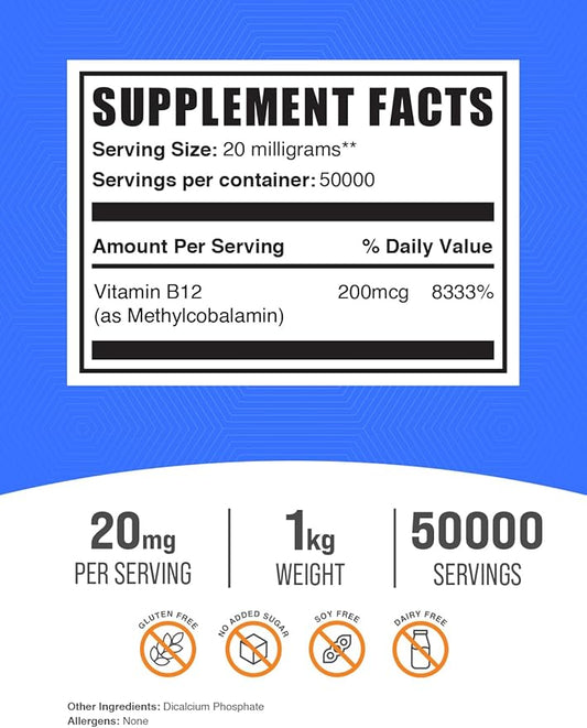 BulkSupplements.com Vitamin B12 Methylcobalamin Powder 1% B12 B12 Methylcobalamin, B12 Supplement, 20mg per 1kg (2.2 (2.2 lbs) 1)