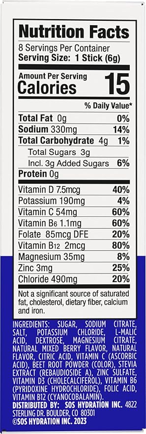 SOS Hydration Electrolyte Powder Packets, Mixed Berry Flavor, 8 Stick Packs – Low-Calorie, Rapid Rehydration, Made in USA, Keto & Vegan Friendly