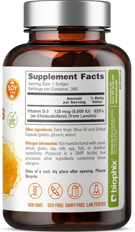 biophix Vitamin D-3 5000 IU 360 Softgels K2