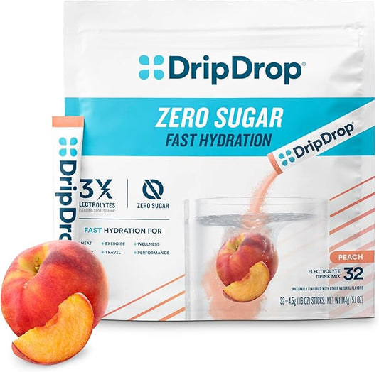 DripDrop Hydration - Zero Sugar Peach - Electrolyte Drink Mix Single Serve Powder Packets | Non-GMO, Gluten Free, Vegan | 32 Sticks