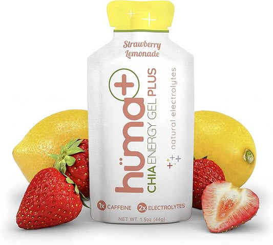 Huma Plus (Double Electrolytes) - Chia Energy Gel, Strawberry Lemonade, 24 Gels, 25mg Caffeine - Stomach Friendly, Real Food Energy Gels