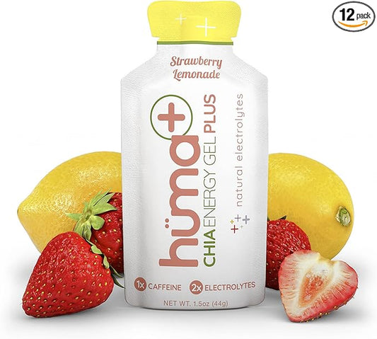 Huma Plus (Double Electrolytes) - Chia Energy Gel, Strawberry Lemonade, 12 Gels, 25mg Caffeine - Stomach Friendly, Real Food Energy Gels