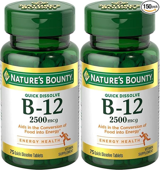 Natures Bounty Vitamin B-12, Quick Dissolve, 2500 mcg, 75 ct (2 Pack)