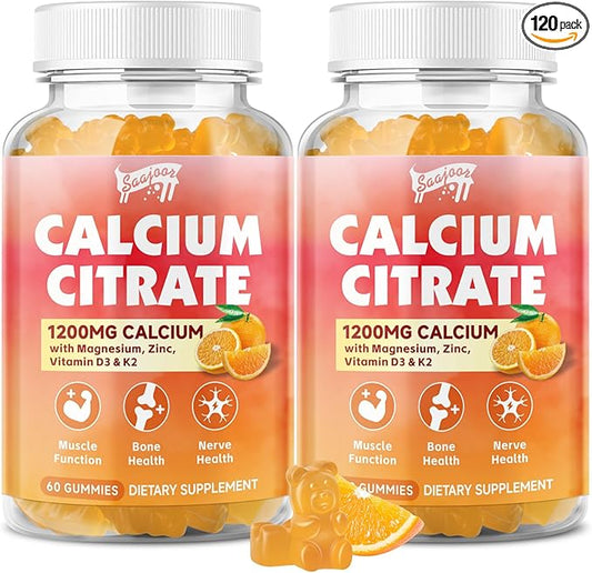 Calcium Citrate Gummies 1200 mg with Vitamin D3, K2, Magnesium, Zinc, Bone Support for Bones, Muscles & Joints,Immunity & Memory Support, 120 Count