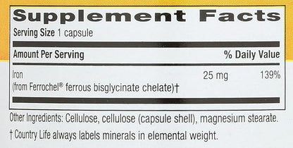 Country Life Easy Iron 25mg Capsules - Gentle Non-Constipating Ferrochel - Vegan Vitamin Supplement for Women & Men - Supports Body Energy - Multivitamin with Iron