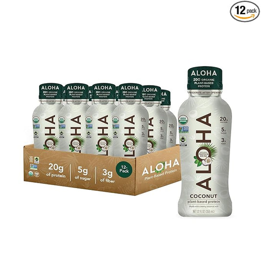ALOHA Organic Plant Based Coconut Protein Shake w/MCT Oil (12 ct, 12oz Bottle) 20g Protein, Meal Replacement, Low Sugar & Carb, Gluten-Free, Paleo, Non-GMO, No Soy, Stevia or Sugar Alcohol…