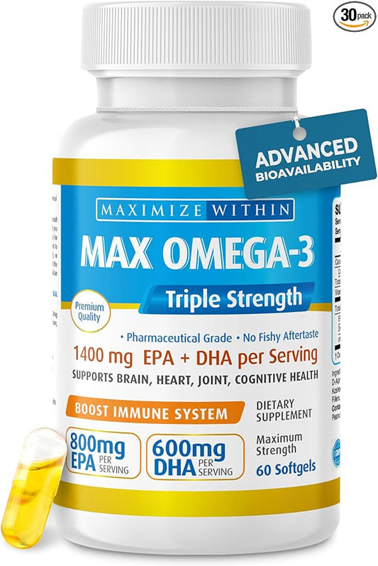 Max Omega 3 Fish Oil Pills (2000 mg 3 Fatty 600mg DHA 800 mg