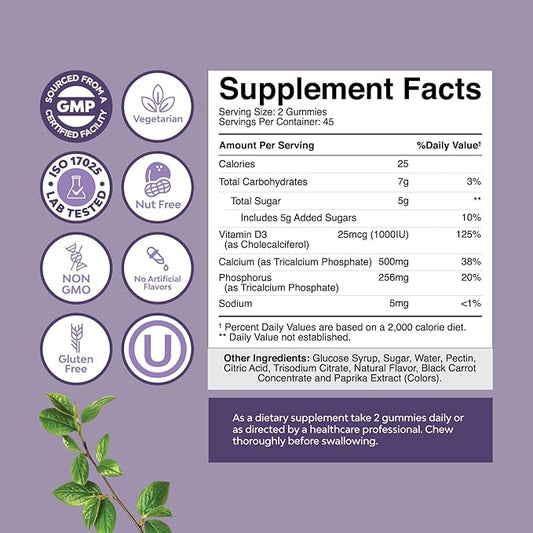 High Absorption Calcium Gummies for Women with Vitamin D3 - Delicious Calcium 500 mg Gummies for Adults - Chewable Calcium and Vitamin D Supplement for Bone Health and Immune Support - 90ct (1 Pack)