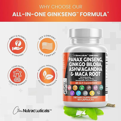 Clean Nutraceuticals Panax Ginseng 10000mg Ginkgo 4000mg Ashwagandha 3000mg - 60 Caps