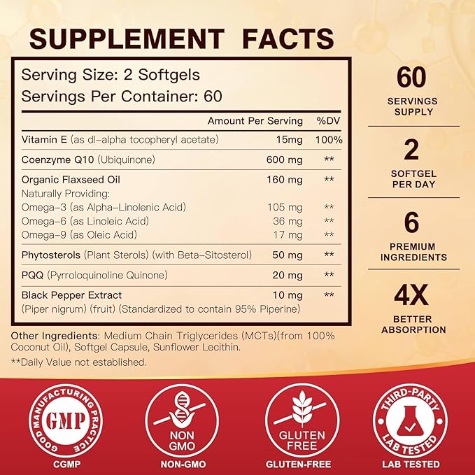 CoQ10 600 mg Softgels CoQ10 Supplement CQ10 Coenzyme-Q10 Coenzyme-Q10 with 3 & 60 Servings