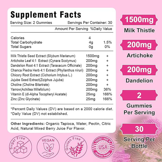 1500mg Milk Thistle Gummies, 10-in-1 Herbal