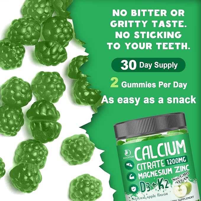 Calcium Citrate 1200 mg with Vitamin D3 Gummies, Calcium Citrate Magnesium Zinc with Vitamin D3 Supplement for Women & Men Bone & Teeth Support, Natural Apple Flavor - 30 Day Vegan Supply