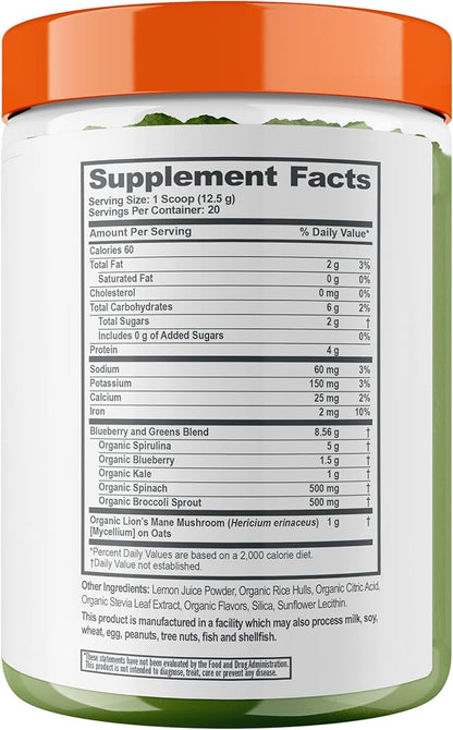The Genius Brand - Super Greens Superfood Powder, Nootropic Supplement - Organic Spirulina Powder with Lion's Mane, Kale, Spinach & Antioxidants - Juice & Smoothie Mix for Energy, Immunity & Health