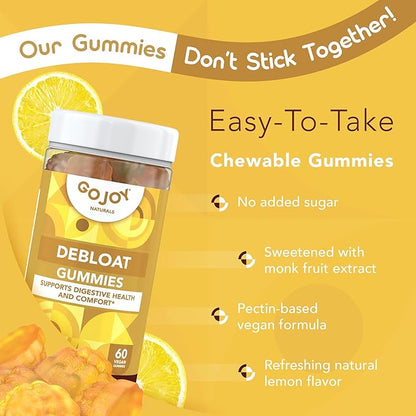 GOJOY NATURALS Lemon Debloat Gummies - Bloating, Gut Health & Digestive Support Herbal Supplement for Women & Men - Non-GMO, Sugar, Soy & Gluten Free - Vegan (30 Servings)