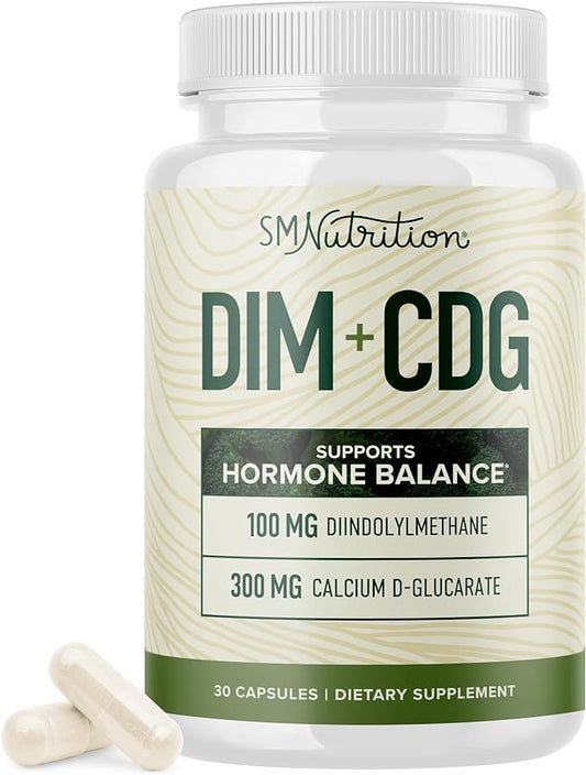 DIM Supplement with Calcium D-Glucarate for Estrogen & Hormone Balance for Women & Men | Detox & Cleanse, Hormonal Acne, Menopause & CDG for Liver Support | Non-GMO, Third-Party Tested | 30ct, White