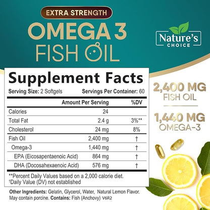 Triple Strength Omega 3 Fish Oil 2400 mg Omega-3 Supplements, 120 Softgels