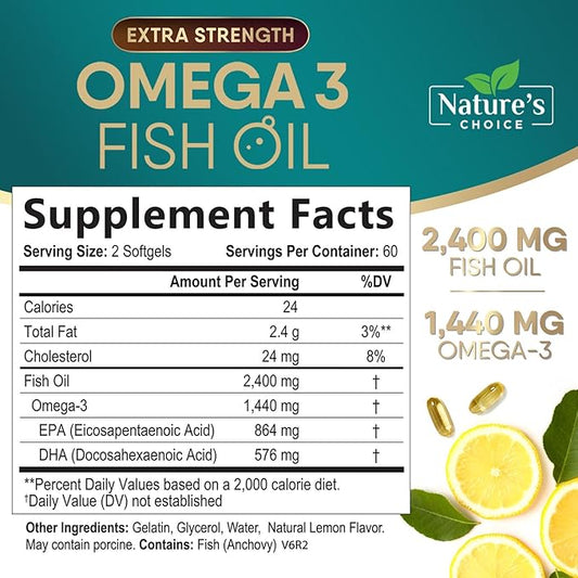 Triple Strength Omega 3 Fish Oil 2400 mg Omega-3 Supplements, 120 Softgels