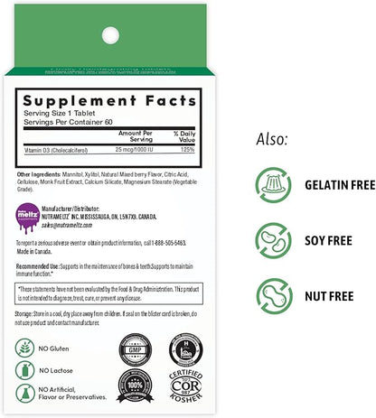 Vitamin D3 1000 IU – Supports Stronger Bones & Teeth, Boost Immunity Vitamins, Prevents Inflammation, Quick Dissolving Tablets, Mouthwatering Mixed Berry Flavor (60 Tablets)